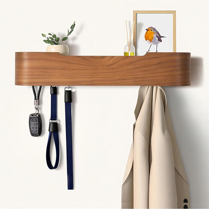 Coat Rack Wall Mount with Hidden Hooks, Wall Hooks with Shelf, Wall Key Holder Mount Wooden Shelf Entryway Hooks for Bedroom Bathroom for Hanging Coats Hats Bags Towels (Walnut, 8 Hooks) by Nevsokio