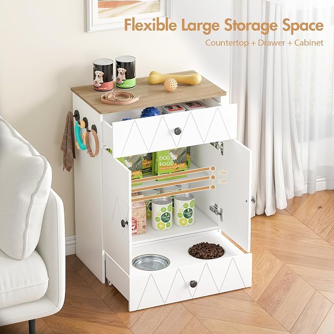 Pet Feeding Station with Storage, Raised Dog Bowls, Pet Feeder Cabinet, with Adjustable Shelves, Rolling Drawer, Hooks, for Feeding & Watering Supplies (Light) - Image 3
