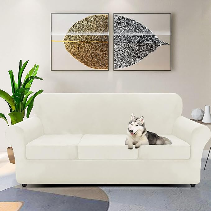 ZNSAYOTX Luxury Velvet Couch Cover 4 Piece (72"-92") Stretch Sofa Covers for 3 Cushion Couch Thick Soft Sofa Slipcover with Non Slip Strap, Dog Pet Friendly Nice Furniture Protector (Beige) - Image 2