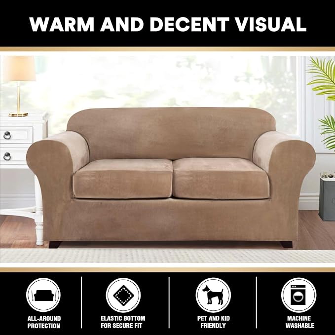 PrinceDeco Velvet Couch Cover Loveseat Covers for 2 Cushion Couch 3 Piece Sofa Covers for Dogs Washable Loveseat Covers Width Up to 72 Inch No Slip Stretch Sofa Slipcover(Medium, Camel) - Image 6