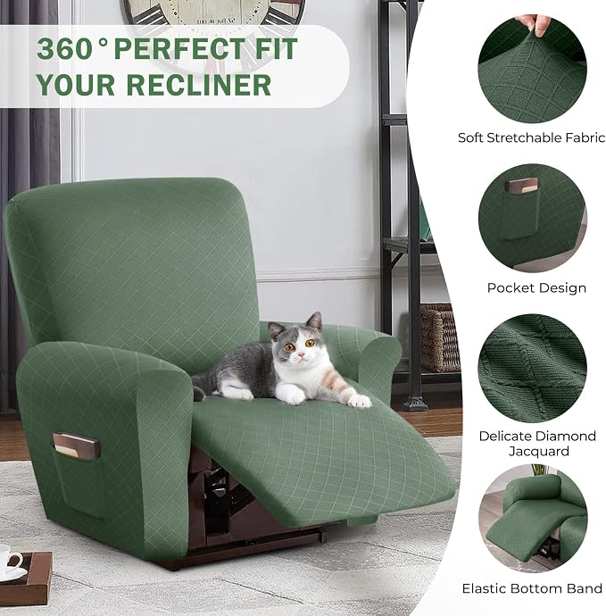 vctops Diamond Recliner Cover 4-Pieces Recliner Stretch Sofa Slipcover 1 Seater Couch Protector Soft Solid Furniture Protector Covers with Elastic Strap (Mo Green,1 Seat) - Image 4