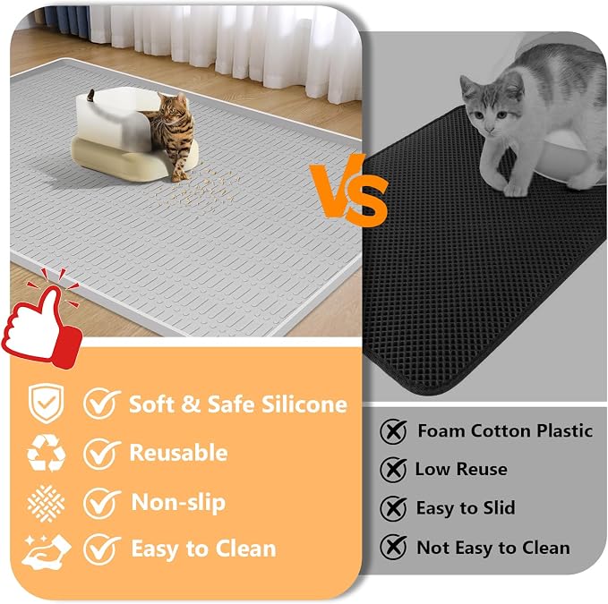 Silicone Cat Litter Mat 47" x 35" Cat Mat for Litter Box, Light Grey | Extra Large Cat Litter Trapping Mat for Floor, Waterproof, Non-Slip Kitty Litter Box Mat with Raised Edge, Easy to Clean - Image 3