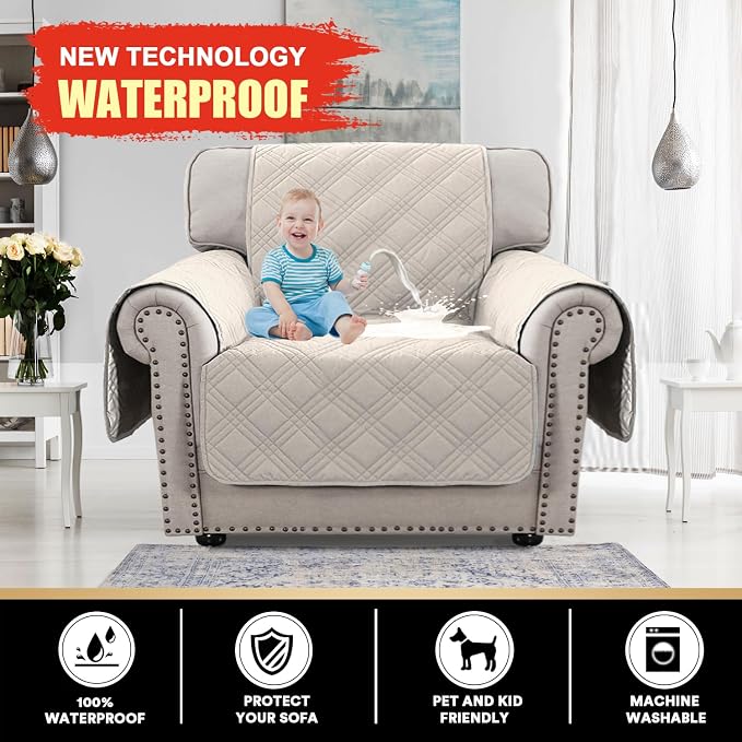 PrinceDeco 100% Waterproof Chair Sofa Slipcover for Living Room Water Resistant Couch Cover Furniture Protector Cover with Elastic Straps for Pets Kids Children Dog Cat(Chair 23", French Oak) - Image 2