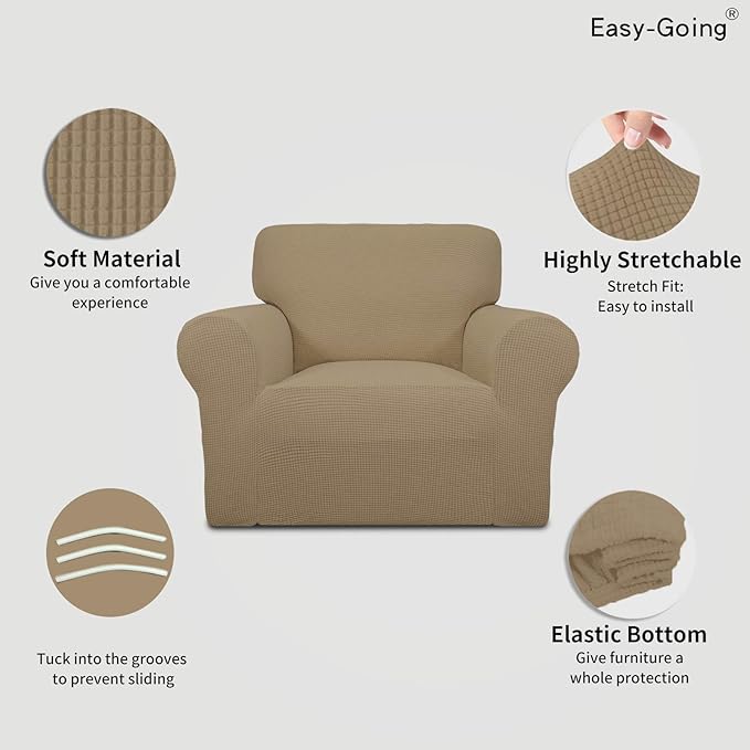 Easy-Going Stretch Chair Slipcover with Arm Washable Tan | 1-Piece Couch Sofa Cover Furniture Protector for Living Room Soft with Bottom For Kids, Pet. Spandex Jacquard - Image 3