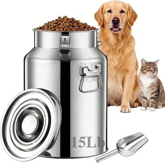 15 Lbs Stainless Steel Dog Food Storage Container with Scoop, Large Metal Dog Food Bin with Airtight Lid & Locking Clamp, Pet Food Container for Dogs & Cats, Keep Fresh, Easy to Clean by YinCukiEle