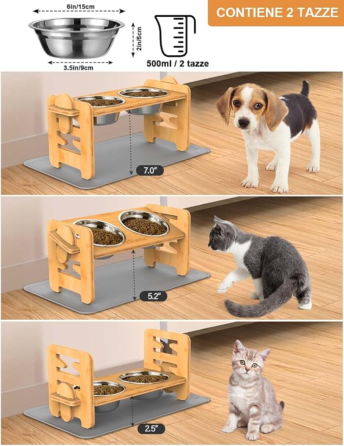 Vantic Elevated Dog Bowls with Mat, Adjustable Bowl Stand Small, Natural | Bamboo Raised Feeder with Mat and 2 Stainless Steel Bowls, Adjustable Height for Small Puppies and Cats - Image 2