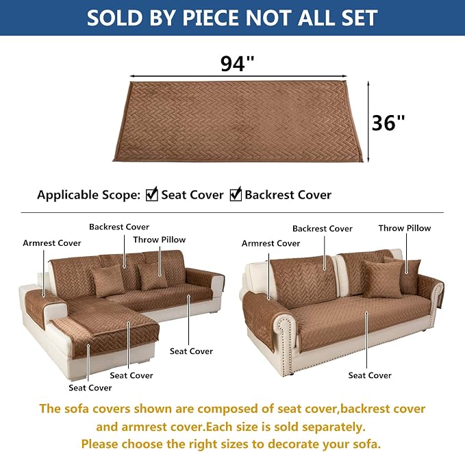 Eismodra Couch Cover,Sectional Couch Covers,Sofa Covers for 3 Cushion Couch,Anti-Slip Sofa Slipcovers for Dogs Cats Kids Loveseat Recliner L Shaped Armrest Backrest,Brown 36''x94''(Only 1 Piece) - Image 5