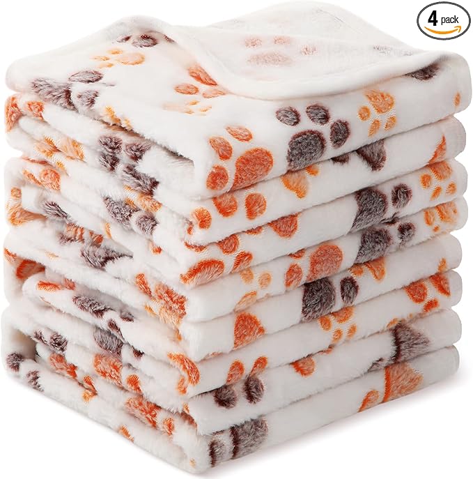 Tatuo 4 Pack Fleece Dog Blankets for Puppy Cats Multi-Size Sleep Mat for Pet Guinea Pig Soft Washable Warm Crate Bed Puppy Teething Toys Print Pattern Blanket Indoor(White,30 x 20.5 Inch,Paw) by Tatuo