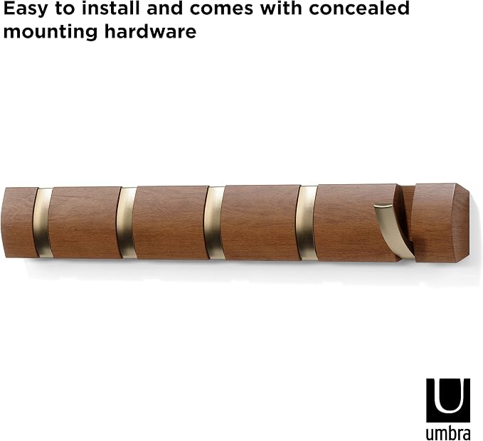 Umbra Flip Coat Rack, Wall Mounted 5-Hook Space Saving, Walnut/Gold | Real wood and steel build, retractable hooks fold flat, holds coats bags and scarves, easy install - Image 7