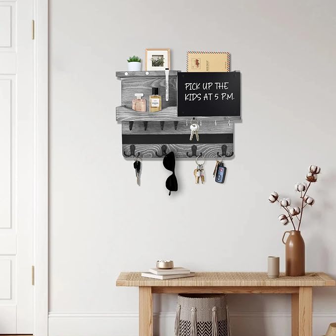 Key Holder for Wall Mount with Shelf and Mail Organizer, Key and Mail Holder with 16 Hooks, Farmhouse Entryway Organizer, Home Decor Rack(Pine Wood,Washed Gray) - Image 8