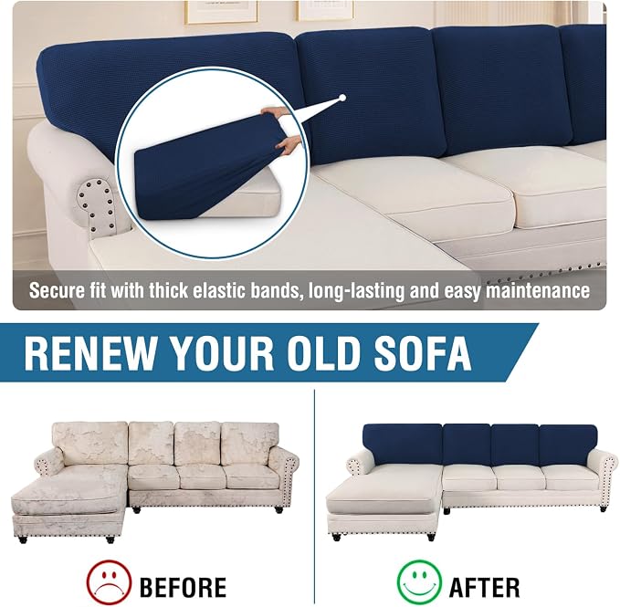 H.VERSAILTEX Backrest Cushion Covers Sectional Couch Back Cushion Covers for Sectional Sofa Set for Both Left/Right Couch (Back Only: 1 Chaise + 3 Sofa, Navy) - Image 5