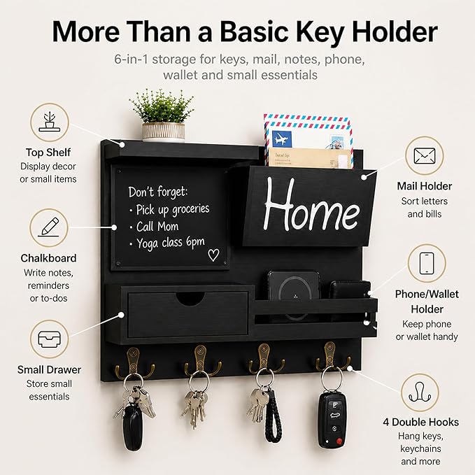 Dvobez Black Farmhouse Key Holder for Wall with Mail Organizer, 6-in-1 Entryway Organizer with Chalkboard, Drawer, Phone Wallet Holder, Top Shelf and 4 Double Hooks - Image 2