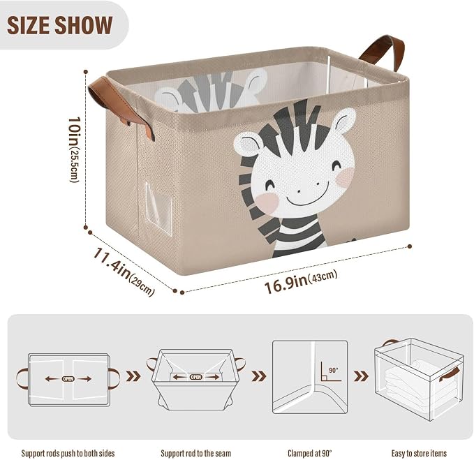 Cute Happy Zebra Brown Animal Storage Basket for Baby with Handles&Label Rectangular Waterproof Nursery Storage Bins Collapsible Organizer Baskets for Kids Cloth Gift Toys Laundry Shelf, 2 PC - Image 6