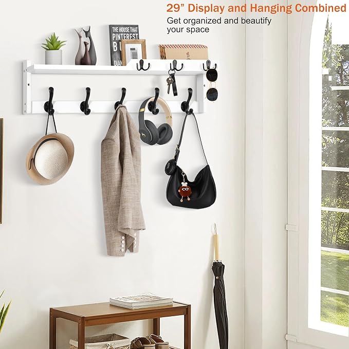 29'' Coat Rack Wall Mount with Shelf, Coat Hanger Wall Mount with Key Hooks and Mail Holder, Wood Entryway Floating Shelf with Hooks and Storage, Hat Rack for Wall Key Holder Mail Organizer - Image 5