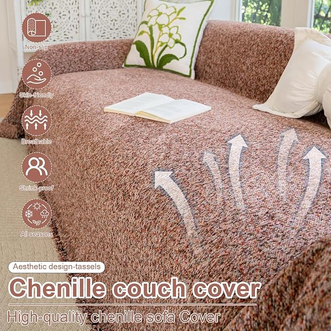 ROOMLIFE Pink Couch Cover for 3 Cushion Sofa, Chenille Sofa Couches Slipcover Sectional Sofas Covers with Tassel, Washable Soft Breathable Furniture Protector Cover for Living Room, 71 '' X 118'' - Image 4