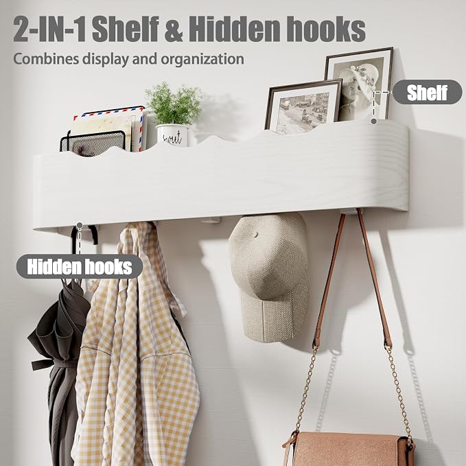 Coat Rack Wall Mount with Shelf 4 Hidden Hooks Modern Wooden Key Holder Entryway Organizer for Hallway Bedroom Bathroom Home Decor Storage for Hanging Coats Hats Bags Towels, Wave-Shape White - Image 2