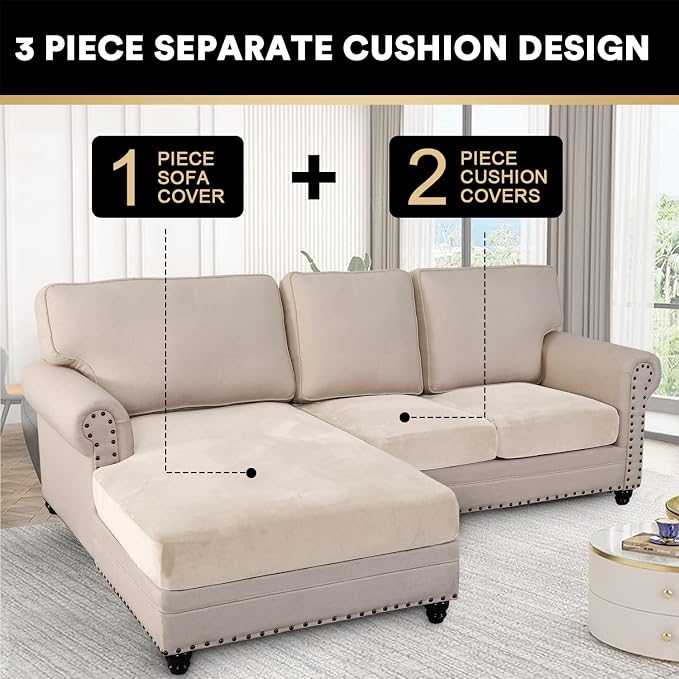 PrinceDeco Sectional Couch Covers 3 Pieces Velvet Sofa Covers L Shape Soft Couch Covers for Sectional Sofa Corner Sofa Cover Couch Cover for Dogs Washable (2 Seater + 1 Chaise,Ivory) - Image 3