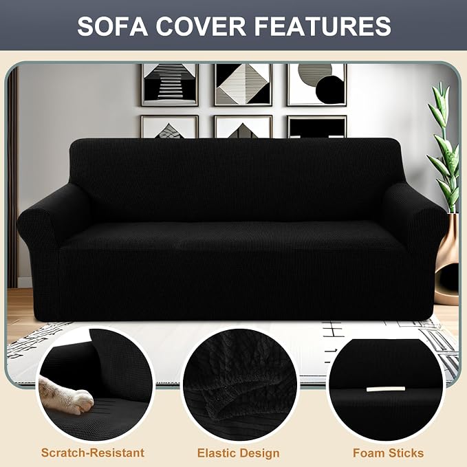 Stretch loveseat Covers Washable Sofa Slipcover, Black | 1 Piece Couch Covers for Sofa Furniture Protector with Non Skid Foam and Elastic Bottom for Kids, Dogs - Image 3