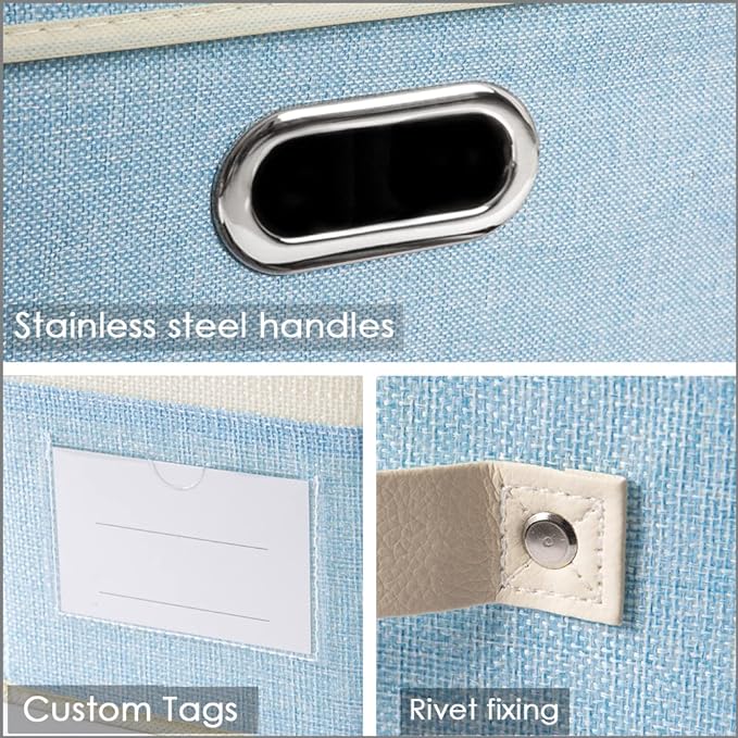 PRANDOM Large Foldable Storage Boxes with Lids [3-Pack] Fabric Collapsible Storage Bins Organizer Containers Baskets Cube with Cover for Home Bedroom Closet Office Nursery Blue&Cream(17.7x11.8x11.8) - Image 3