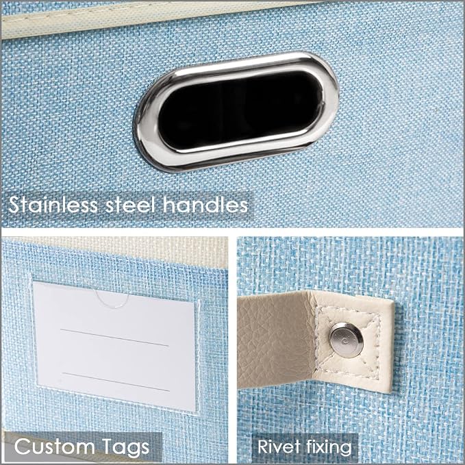 PRANDOM Fodable Storage Bins for Closet [3-pack] Decorative Fabric Storage Baskets Cubes with Leather/Metal Handles for Shelves Bedroom Living Room Blue&Cream (11.5x8.5x6.7 Inch) - Image 3