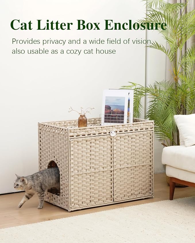 SETVSON Cat Litter Box Enclosure Furniture, Hidden Litter Box, Cat Litter Box Cabinet with 2 Litter Mats, Handwoven Rattan Large Space Cat House Indoor, Living Room, Bedroom, Apartment Light Khaki - Image 7