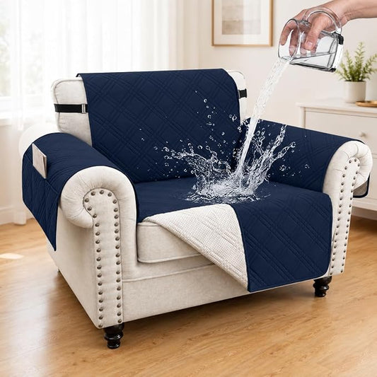 100% Waterproof Couch Cover for Dogs, Anti-Slip Washable Sofa Cover with Elastic Straps & Side Pockets, Durable Furniture Protector for Kids, Pets & Dogs (Armchair 23", Navyblue) by Unknown