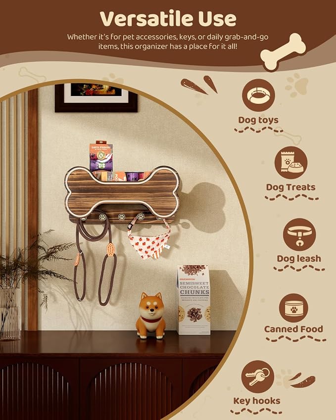 MTERSN Farmhouse Dog Leash Holder for Wall - Dog Stuff Organizer and Doggie Bone Key Holder Wall Mount with 5 Decorative 3D Puppy Paw Hooks & Storage Shelf - Ideal Home Decor (Brown) - Image 5