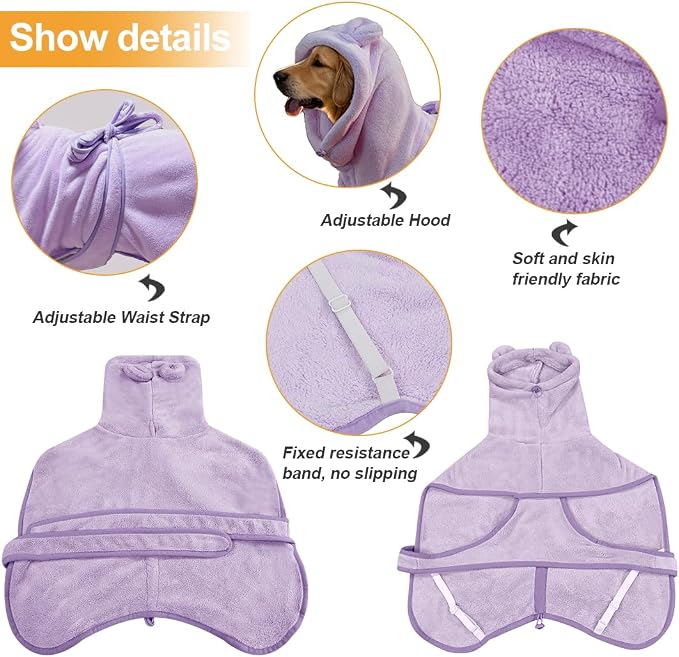 Medium to Large Size Dog Bathrobe, Quick Drying Super Absorbent, Warm Dog Towels, Adjustable Hoodies and Belts for Dog Bath Products (Purple,L) - Image 4