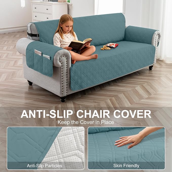 100% Waterproof Quilted Couch Cover,Straps&Pockets,68" Grayishblue | Washable sofa cover, pet-friendly, scratch-resistant furniture protector, quilted sofa cover, reversible, non-slip backing. - Image 4