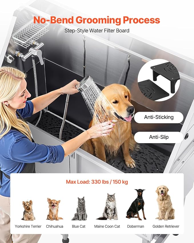 VEVOR Stainless Steel Dog Washing Station, 50 inch Pet Grooming Tub w/Ramp, PE Water Filter Board, Faucet & Showerhead & Soap Holder Dog Bathtub for Large & Medium & Small Pets (Left Door) - Image 4
