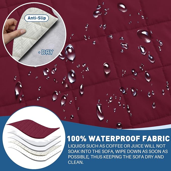 MAXIJIN Waterproof Oversized Couch Covers for 3 Cushion Couch, 79" Quilted Sofa Covers Washable Pet Dog Couch Cover Protector with Elastic Strap & Side Pocket (Large Sofa, Wine Red) - Image 3