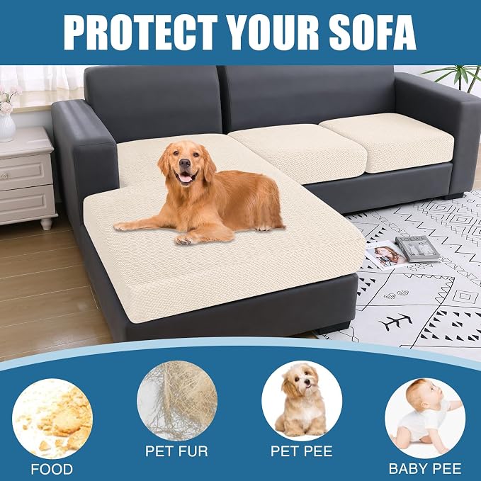 Smiry Waterproof Couch Cushion Covers, L Shape Sectional Couch Covers | Stretch Jacquard Chaise Lounge Sofa Slipcover, Washable Elastic Furniture Protector for Pets, Chaise, Light Beige - Image 5