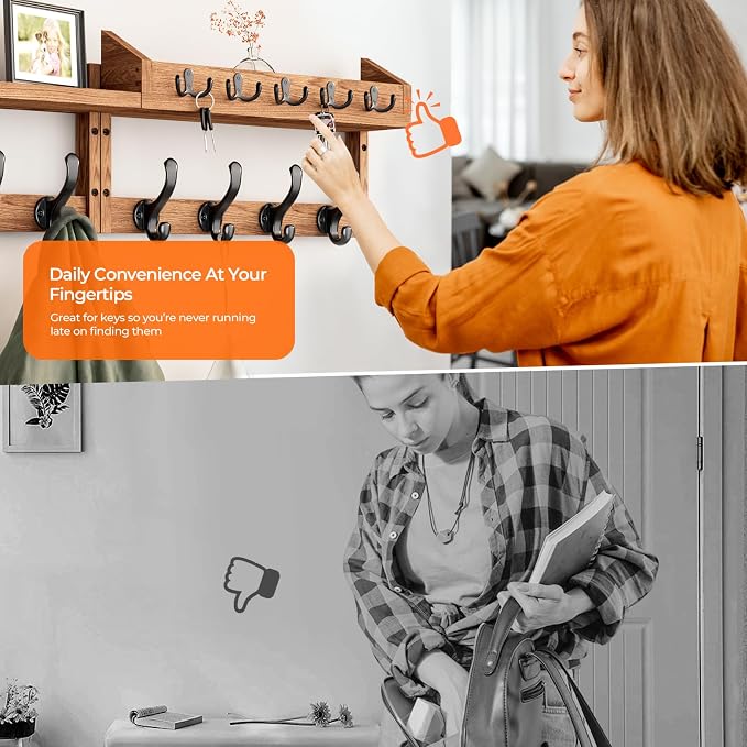 Evermagin 35" Coat Rack Wall Mount with Shelf & 13 Hooks, Entryway, Brown | 4-in-1: coat hooks, key hanger, mail holder & display shelf. Pine wood. For bedroom, hallway, mudroom, livingroom - Image 7