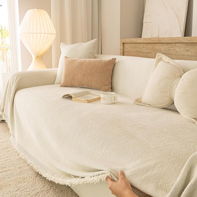 Beige Boho Couch Covers for Sofa Washable for 3 Cushion Couch,71''X134'' | Chenille Furniture Protector Sofa Couch Cover for Dogs, Soft Breathable Sofa Slipcover, Couch Throw Blankets with Tassels - Image 2