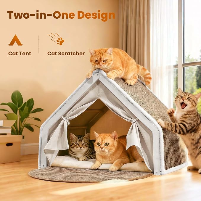 Cat Houses for Indoor Cats - Large Cat Bed Cave with Natural Sisal Cat Scratcher Mat, Solid Wood Frame Cat House with Curtains and Cat Floor Scratching Pad Rug, Protect Couch and Carpets, L - Image 2
