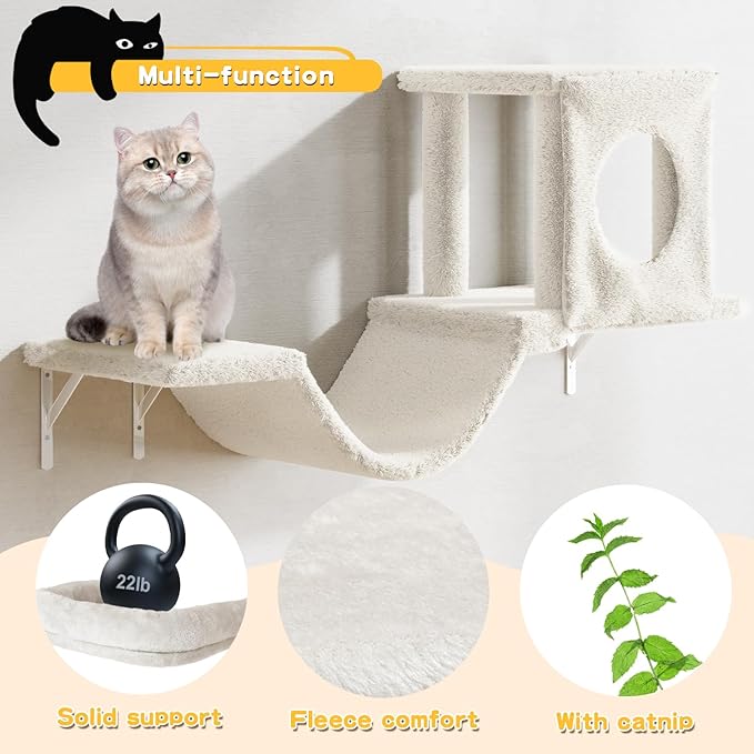 12-in-1 Cat Wall Shelves, Luxury Wall-Mounted Cat Climber Set | with Condos House, Scratching Post, Bridge Ladder, Indoor Space-Saving Furniture for Kittens, Beige - Image 4