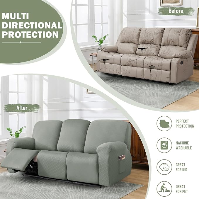 vctops Diamond Recliner Sofa Covers 8-Pieces Stretch Large Couch Covers for 3 Seats Reclining Slipcovers Soft Solid Furniture Protector (Greyish Green,3 Seat) - Image 5