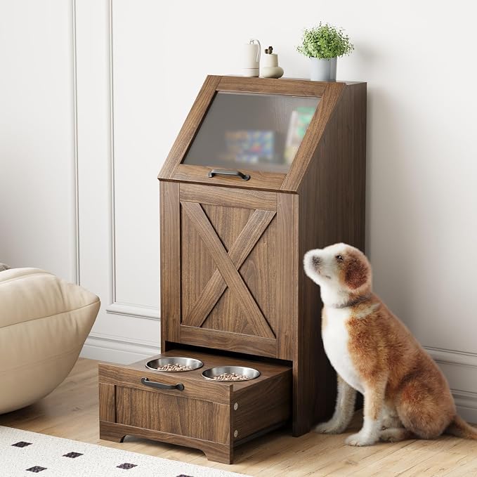 Dog Feeding Station with Storage Cabinet and 2 Elevated Dog Bowls, Hidden Pet Food Storage Organizer for Dog &Cat,Modern Dogs Furniture (Walnut) - Image 3