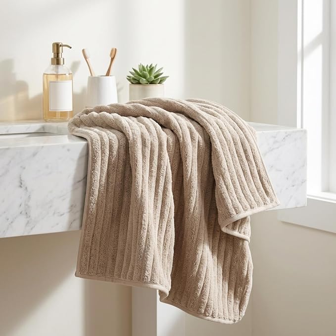 3 Pack Bath Towel Set, 40"x80" Oversized Bath Sheet, Beige | Ultra Soft Microfiber, Lint Free, Quick Dry, Highly Absorbent, Full Body Coverage, 1 Bath Sheet, 1 Hand Towel, 1 Washcloth - Image 3