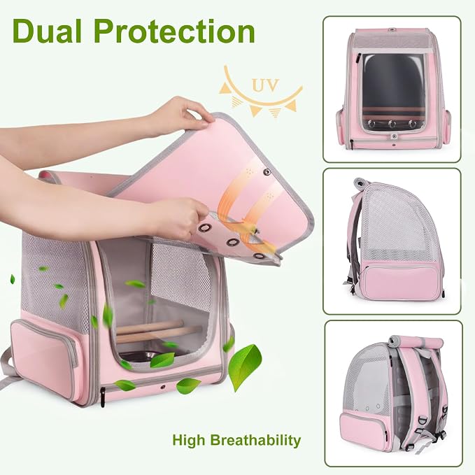 Parrot Carrier Backpack with Front Zipper Opening, Bird Travel Carrier Cage with Standing Perches and Metal Tray, Breathable Portable Transport Bag for Parakeet, Budgie, Conure, Cockatiel, Parrot - Image 2