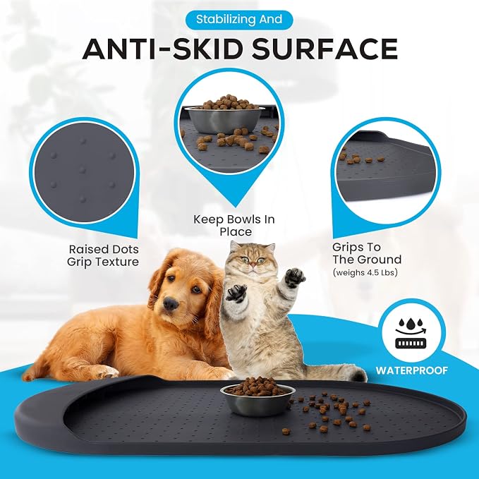 Silicone Pet Feeding Mat - 32' x 19' with Residue Collection Pocket - Waterproof Cat & Dog Bowl Mat, High Edges - Gray - Image 5