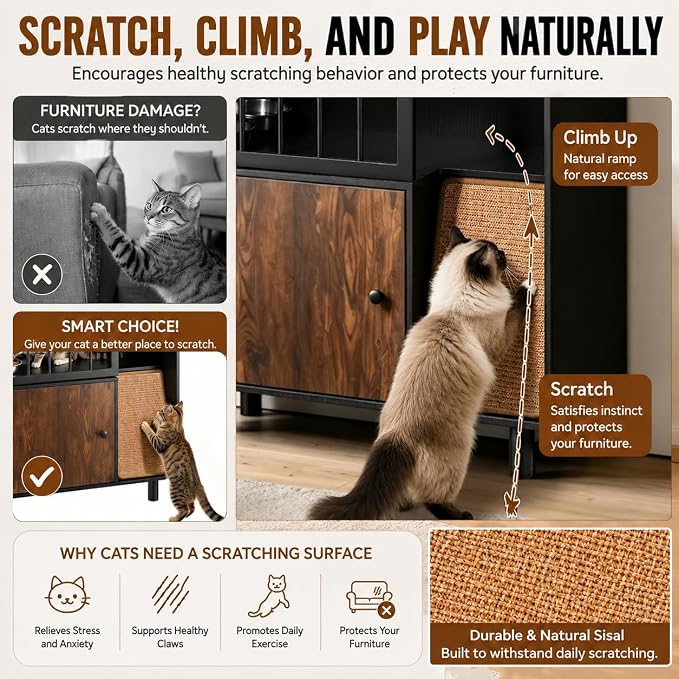 Dog Proof Cat Feeding Station with Storage Cabinet& 2 Stainless Steel Bowls, Elevated Cat Food Station with Scratching Board, Modern Wooden Cat House Furniture for Indoor Cats, Large Pet Cabinet - Image 5