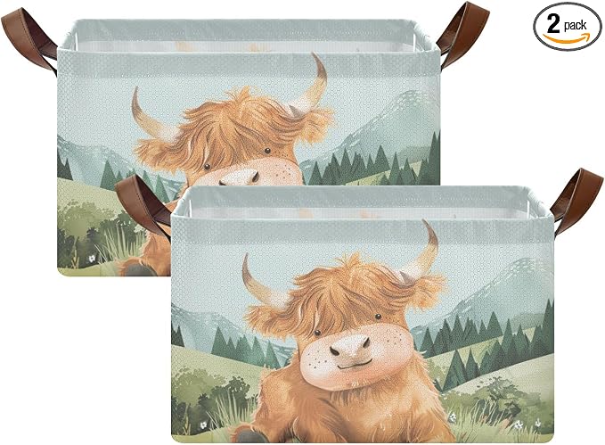 Cute Highland Cow Green Grass Baby Storage Basket with Labels&Handles Rectangular Nursery Storage Bins Collapsible Shelf Organizer Baskets for Kids Books Cloth Gift Basket Toys Laundry, 2 Pack by Unknown