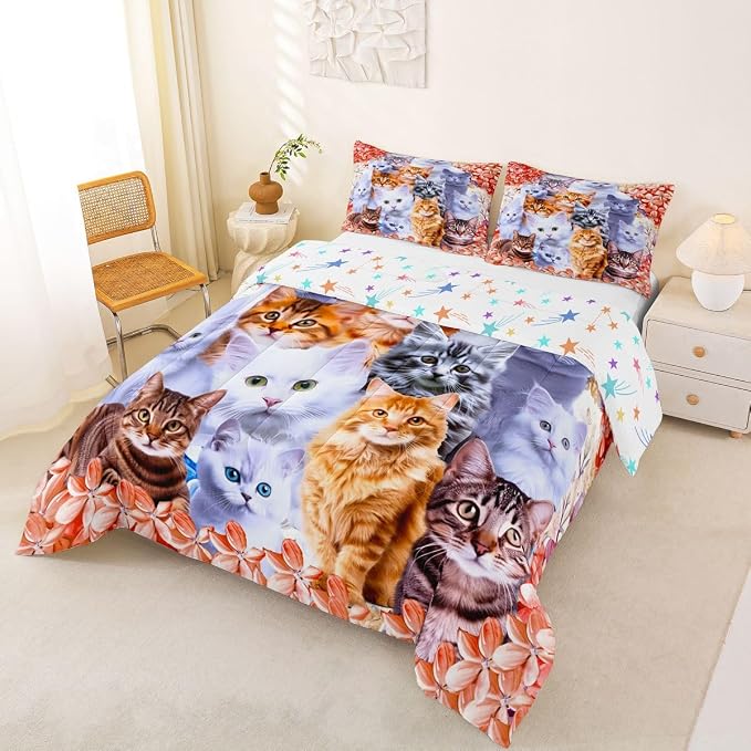 Feelyou Kids Cat Comforter Set Cute Pet Cats Bedding Set for Boys Girls Cartoon Animal Comforter Red Floral Cat Lover's Decor Quilt with 2 Pillowcases 3Pcs Bedding Queen Boys - Image 3