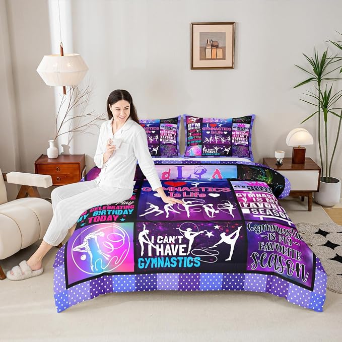 Vivid Gymnastics Lovers Girls Comforter Set Queen Size,Dance Sports Bedding 3pcs for Kids Teens Woman Room Decor,Classic Geometric Plaid Quilt Set,Purple Romantic Duvet Insert,2 Pillowcases by Homewish