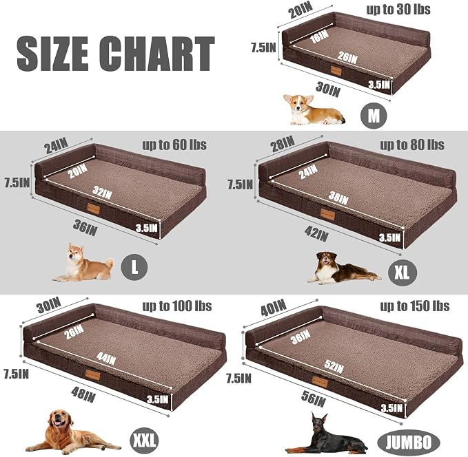 Patas Lague Orthopedic Large Dog Bed Pet Sofa Beds 36''X24'' Brown | L Bolster Egg-Crate Foam Dog Couch For Large Sized Dogs, Waterproof Removable Washable Cover, Pet Mat with Nonskid Bottom - Image 6