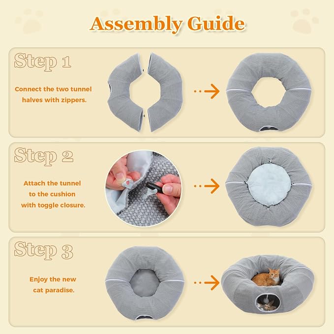 PEQULTI Cat Donut Tunnel with Bed for Indoor Cats, Cat Play Tunnel with Washable Soft Plush Mat, Round Tube Toys Cute Tube for Kittens, Puppies, Rabbits and Ferrets, Grey - Image 5