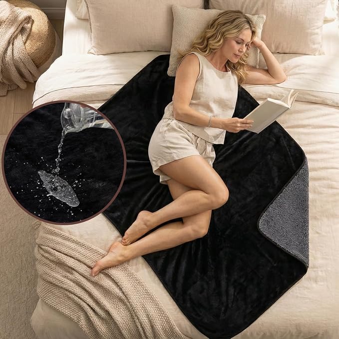 Waterproof Blanket for Bed, Couch, Sofa, Reversible Black & Grey, 40"x60" | Stain Resistant, Leak-Proof, Double-Sided Flannel & Sherpa Fleece, Soft Plush Throw Blanket to Protect Furniture and Mattress by DouxDosy