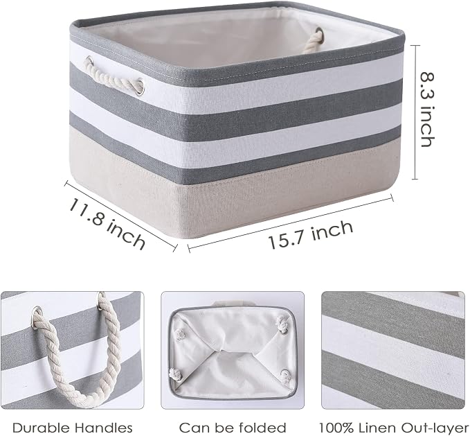 TheWarmHome Storage Basket Fabric Basket with Handles Dog Toy Basket Cloth Storage Bin Shelf Basket Decorative Storage Basket Shoe Basket Gift Basket(Grey&White Stripes-1 Pack,15.7L×11.8W×8.3H) - Image 4