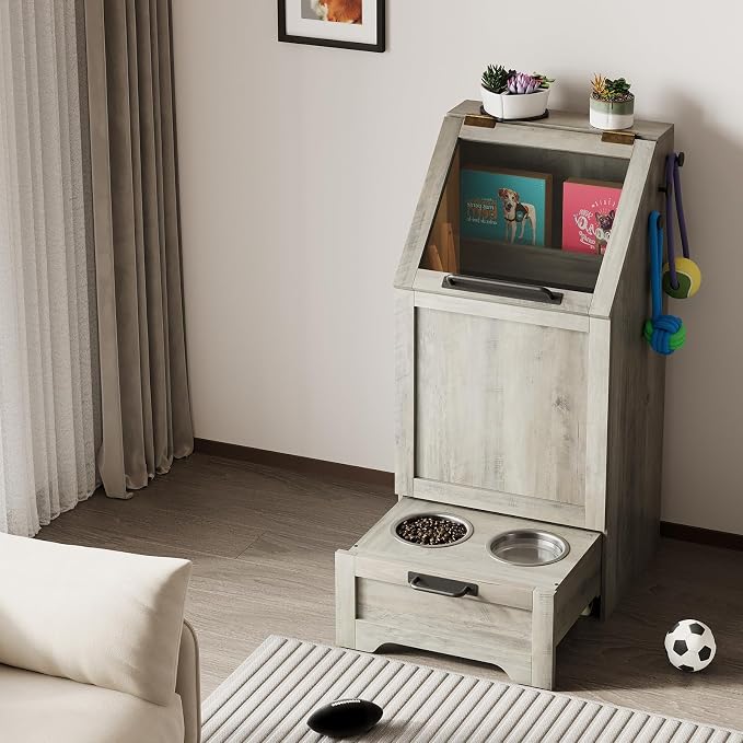Dog Feeding Station, with Pet Feeding Station,Flip Top Dog Food Storage Cabinet, 2 Elevated Bowls, Includes 3 Hooks for Accessories – Space-Saving Design, Grey - Image 8